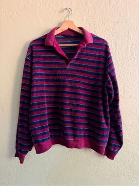 Vintage Chesterfield Men's Burgundy and Navy Striped Polo Sweater